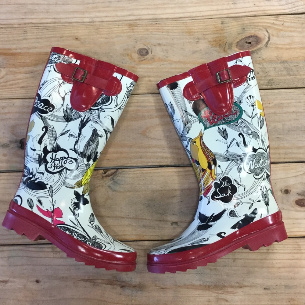 New The Sak Natural & Red Peace Rain Boot